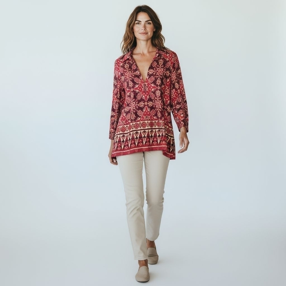 Vintage Lauren Ralph Lauren Cotton Red Gold Medallion Ikat Tunic Blouse